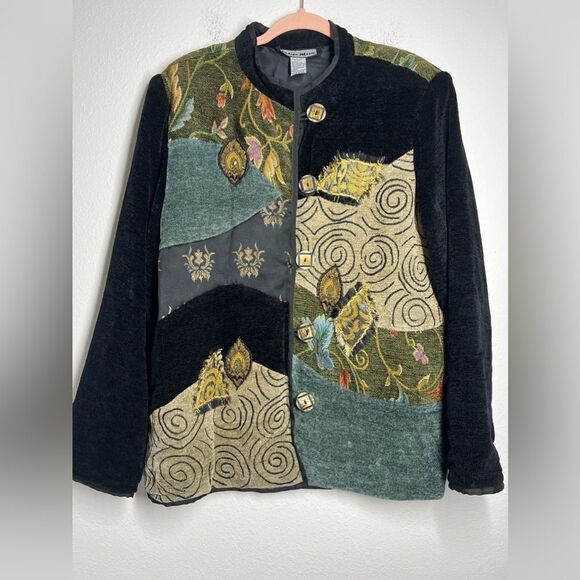 Indigo Moon Multicolor Velvet Embroidered Beaded Tapestry Jacket Boho SzL Flawed - Picture 1 of 16